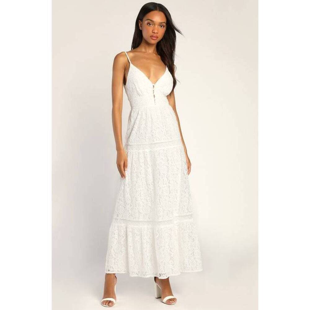 Lulus Your Perfect Girl White Floral Lace Tiered Maxi Dress - Size XS